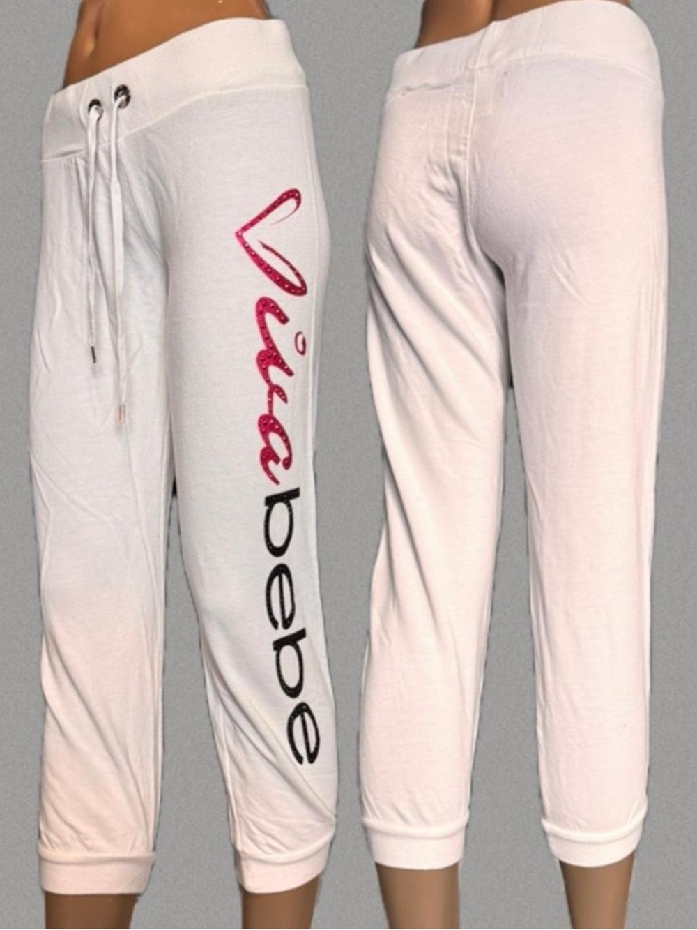 Bebe Y2K White/Pink Sweatpant Capri Pants